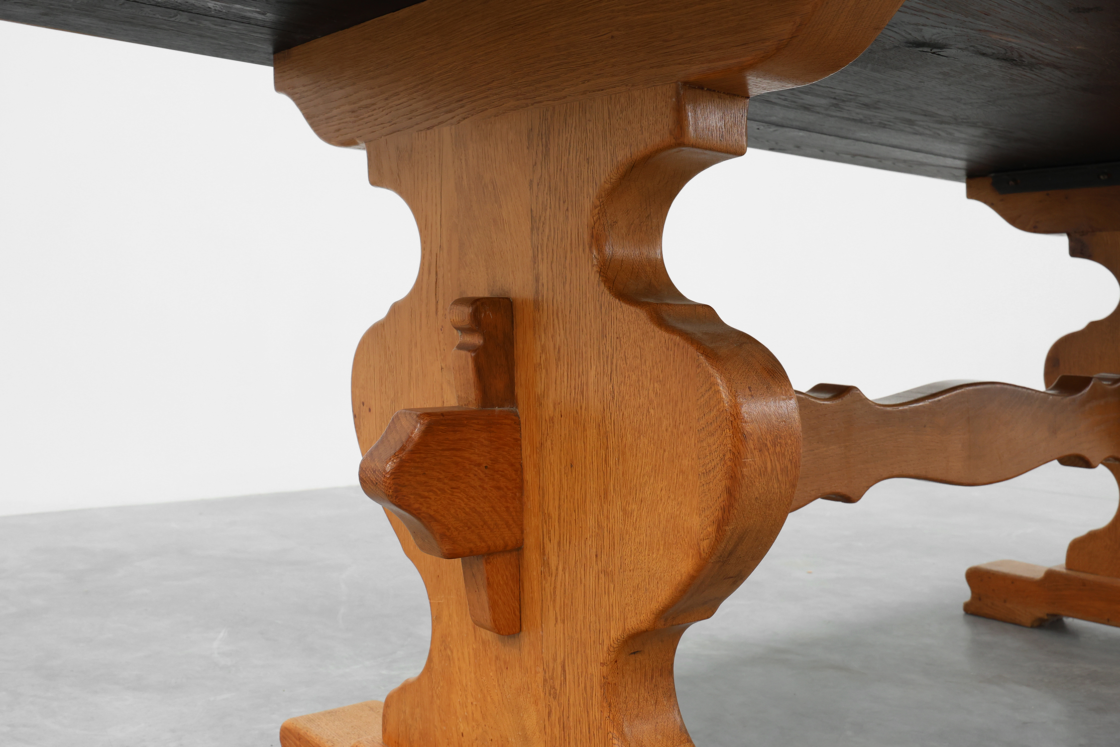 20th Century French oak trestle table with scalloped legs and plank topthumbnail